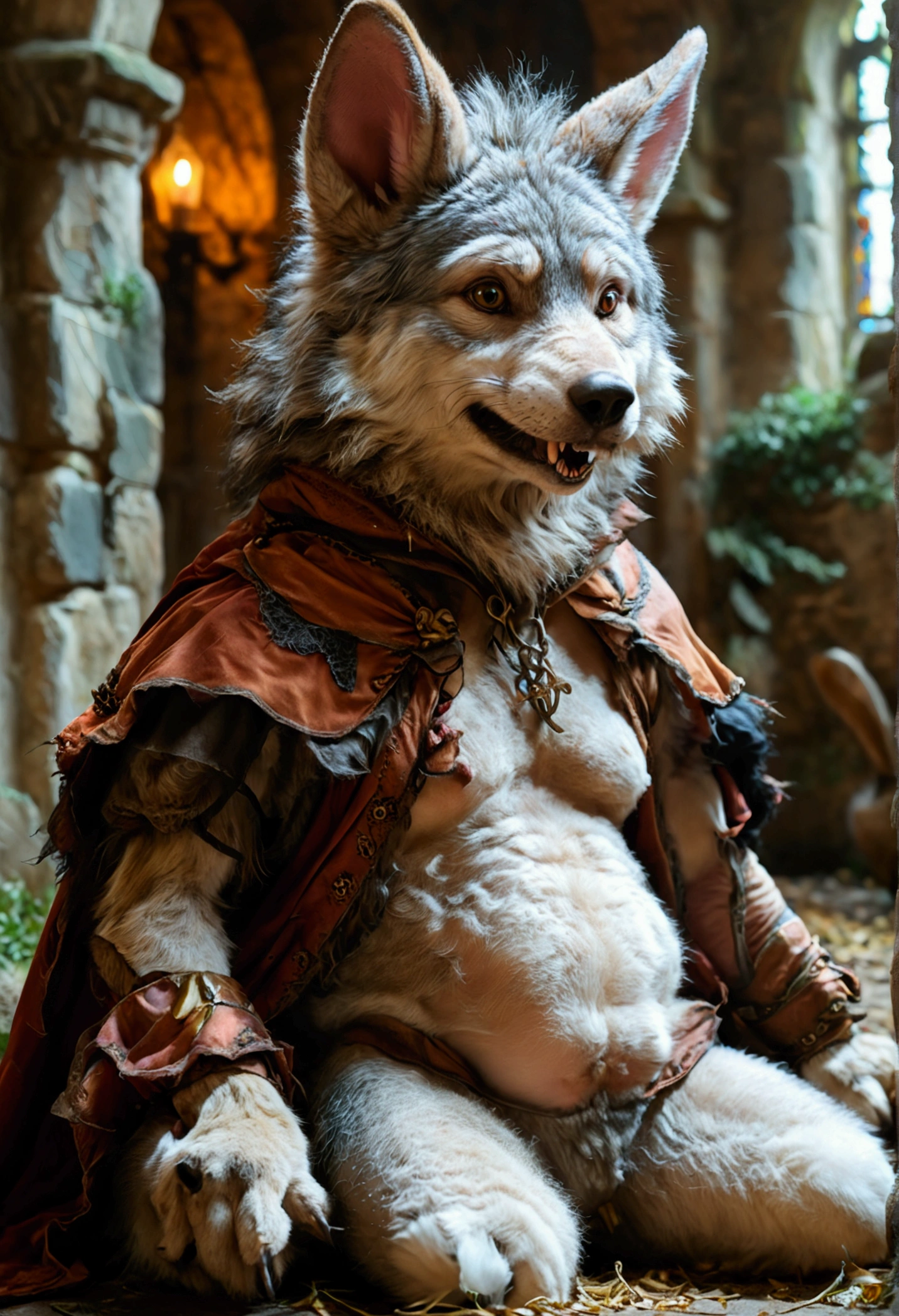 (((1 male anthropomorphic wolf))). (((Group of anthropomorphic female rabbits dressed like scary witches))). (((No humans))). (((Many female anthropomorphic rabbits are tickling a lone male anthropomorphic wolf's belly))). The anthropomorphic wolf is lying flat on his back spread eagle. They dance next to the large and bloated belly of a shocked anthropomorphic wolf who is restrained to the ground. photo realistic style. dark medieval dungeon. (((The female anthropomorphic rabbits are holding the male anthropomorphic wolf's extremely large erect penis and extremely large heavy testicles))). side view. Full body shot of anthropomorphic wolf. Male anthropomorphic wolf has large soft pot belly. Protruding bellybutton. Anthropomorphic wolf belly focus view. Correct highly detailed anatomy. NSFW. Nudity. Sexual acts. Lewd acts. (((Only the anthropomorphic male wolf is nude, everyone else wears female clothes))).