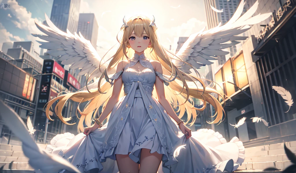 Afterimage, Bokeh, Blurred foreground, Wide Shot, 超High resolution, retina, masterpiece, Attention to detail, Highest quality, High resolution, 4K,god々In a cool atmosphere、A blonde angel descends from the sky、White feathers flutter