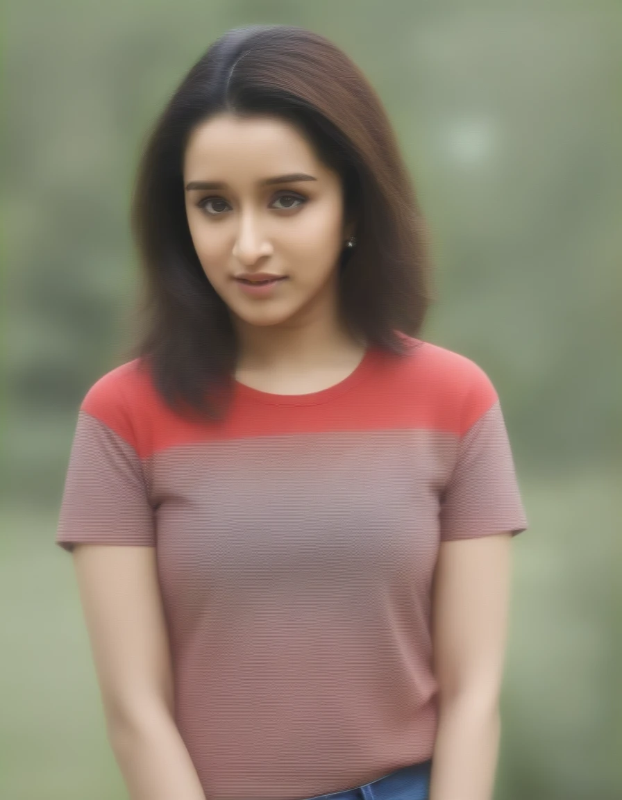 Masterpiece , highly detailed , best quality , perfect face , Shraddha Kapoor , wearing too short sleeves red printed t-shirt and blue jeans , in  garden , looking at camera 