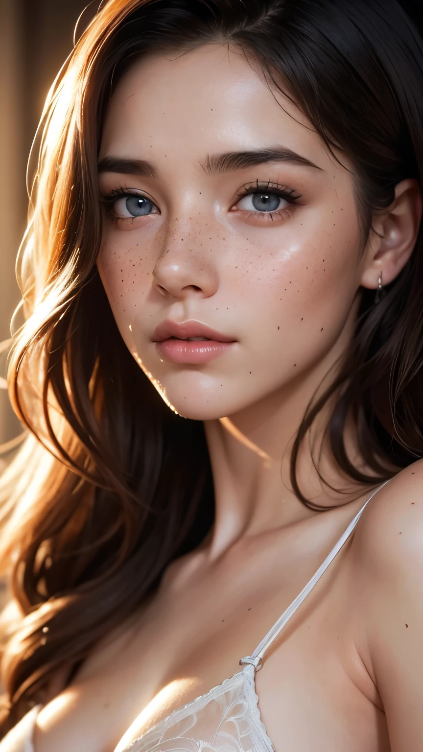 a young girl with freckles, cinematic lighting, highly detailed face, beautiful detailed eyes, beautiful detailed lips, extremely detailed face and features, long eyelashes, intricate skin texture, warm color palette, dramatic lighting, cinematic composition, high quality, 8k, photorealistic, intricate details, masterpiece, full body, sexy poses, bra and short