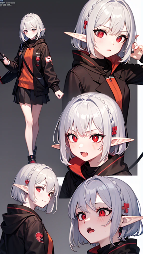 anime girl, grey hair, long hair, short hair, straight hair, bob cut, dilated pupils, devil pupils, open mouth, embarrassed, blush, tongue out, expressionless, naughty face, naughty, yandere, fang, rape face, anime, Conceptual art, high detail, anime style, reference sheet, from side, from below, from behind, from above, UHD, masterpiece, anatomically correct, super detail, high details, high quality, best quality, highres, 8k, caracter design, art concep, medical jacket, vampire, elf ear, front view, show fangs, pale skin, cool outfit, cute, adorable, full body 