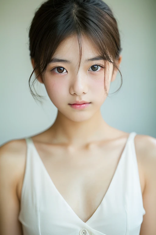 lens: 135mm f1.8, (Highest quality), (Beautiful  Japanese girl), (Moisturized lips), Narrow eyes, double eyelid, Delicate clavicle, Flat Chest , I&#39;m ashamed of my smallness, Underdeveloped breasts, smile, (Spotted sunlight: 1.2), Professional Lighting, (The sleeveless white shirt fits perfectly), (Sunburned skin: 0.2), Full body photo, Full Body Focus, squat、A proper honor student、Lending entity、、Boyish super short hair、