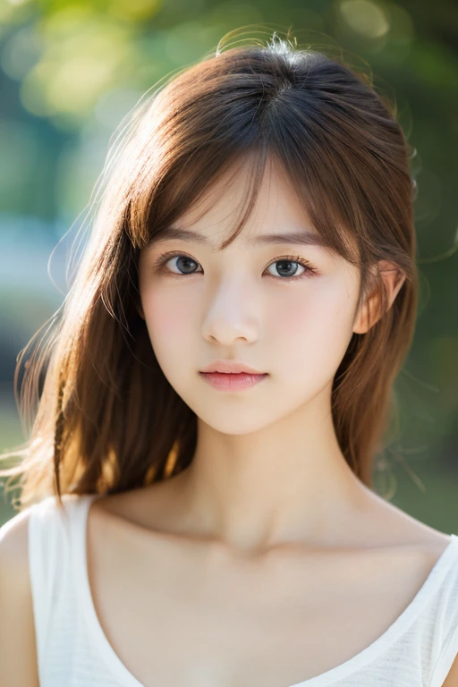 lens: 135mm f1.8, (Highest quality), (Beautiful 14 year old Japanese girl), (Moisturized lips), Narrow eyes, double eyelid, Delicate clavicle, Flat Chest , I&#39;m ashamed of my smallness, Underdeveloped breasts, smile, (Spotted sunlight: 1.2), Professional Lighting, (The sleeveless white shirt fits perfectly), (Sunburned skin: 0.2), Full body photo, Full Body Focus, squat、A proper honor student、Lending entity、、Boyish super short hair、