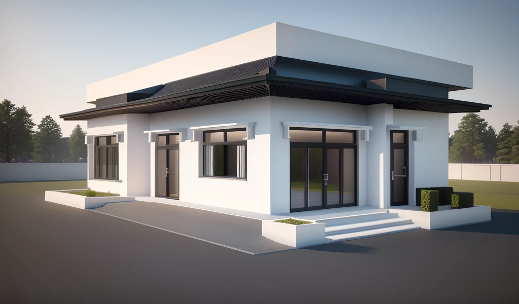 a rendering of a small white building with a black roof, in style of simplified realism, architectural render, 3 d rendering, 3d rendering, digitally drawn, render 3 d, 3 d finalrender, 3d finalrender, vue 3d render, digital rendering, architectural rendering, detailed rendering, 3 - d render, detailed 3d render, detailed 3 d render
