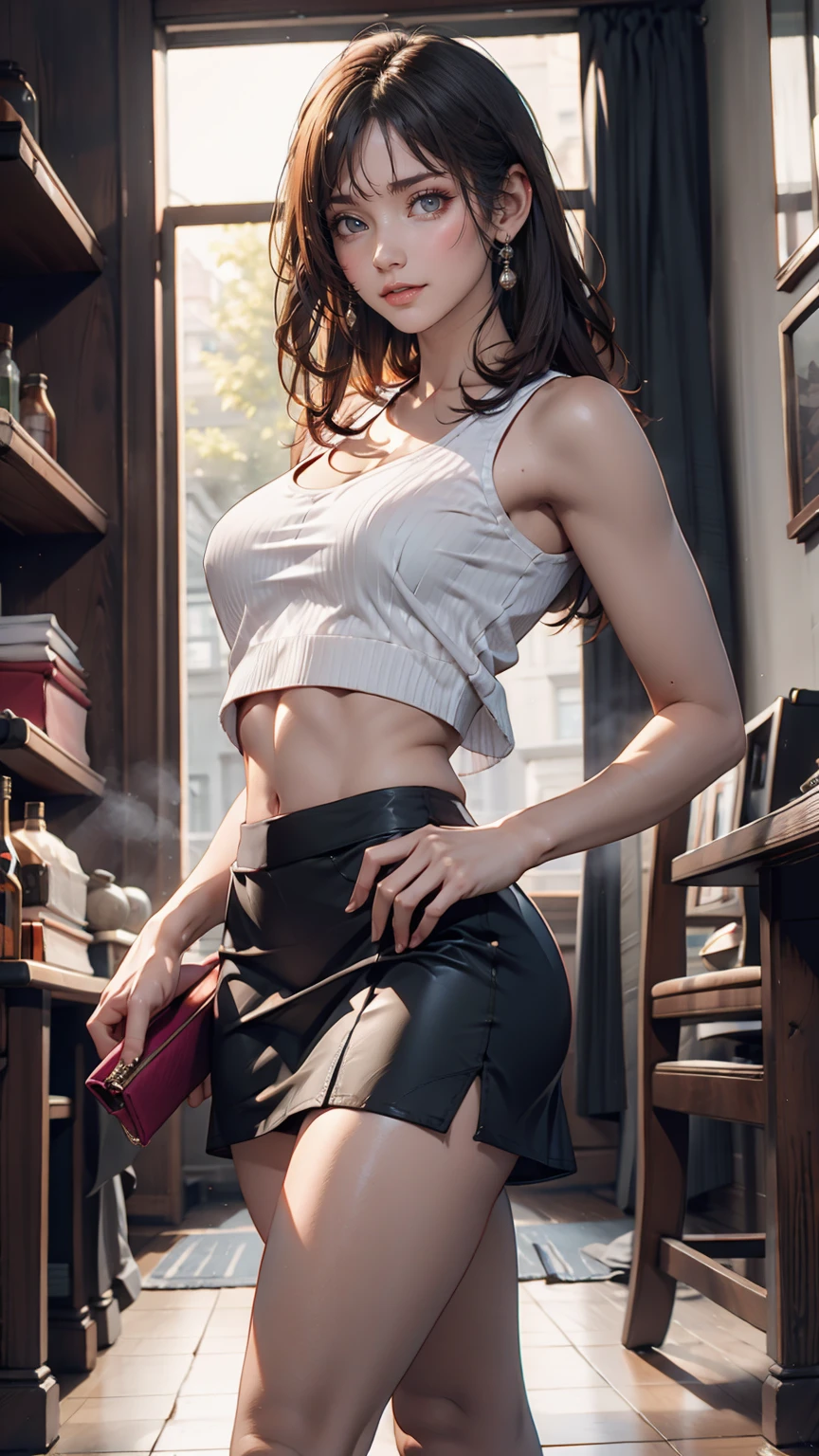 (masterpiece, best quality), 8k, portrait of Sophie Marceau, white tank top, large breasts, leaning foward, long hair, ((cameltoe pussy)), (((cleaving lace panty)))