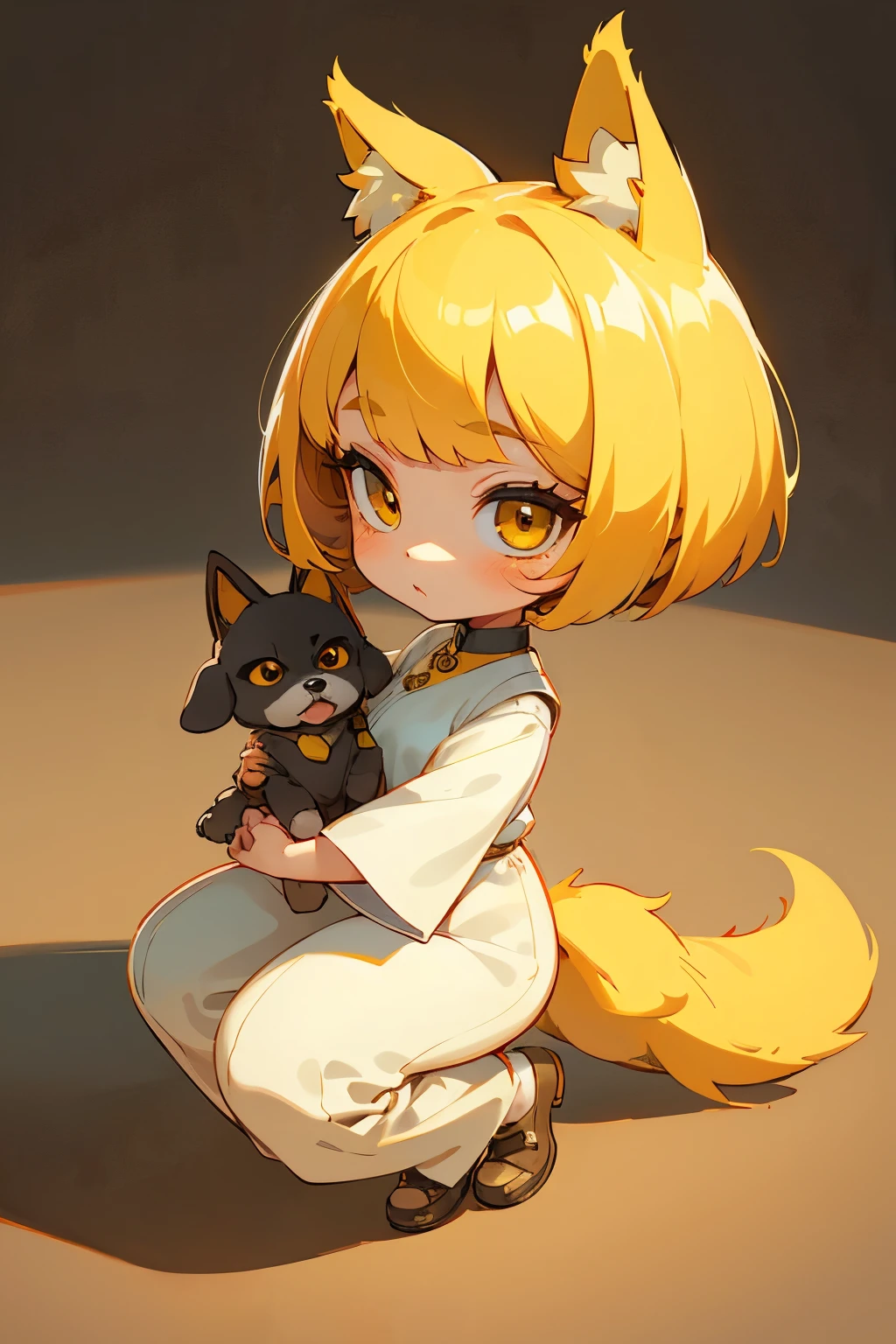 girl, full body, side view, funny face, cartoon style, chibi style, cute, dog ear, beautiful face, yellow color eye, beautiful eye, high detailed pupil, double eyelid, high detailed skin, high quality skin, yellow color hair, bob cut hair, dog tail, white clothes, professional lighting, real shadow, masterpiece,