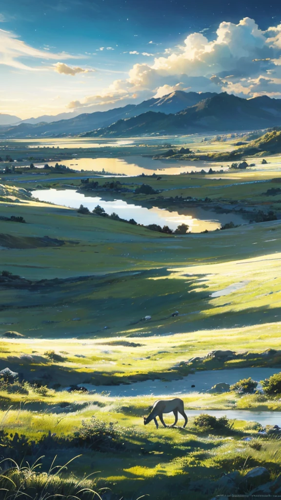 The vast sky, beautiful skyline, large grasslands, extremely tense and dramatic pictures, moving visual effects, the high-hanging Polaris, and colorful natural light. There are lake on not far away.