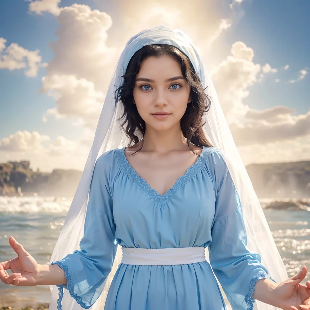 Beautiful woman with light blue eyes, curly black hair, wearing a blue tunic with wide, long sleeves adjusted at the waist by a white sash. Wear a thick white veil. She has open arms. Beautiful female hands