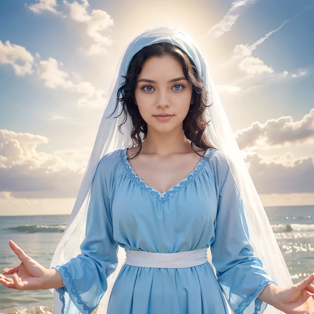 Beautiful woman with open arms, detailed light blue eyes, Curly black hair. wearing a blue tunic with wide, long sleeves adjusted at the waist by an interlaced white sash