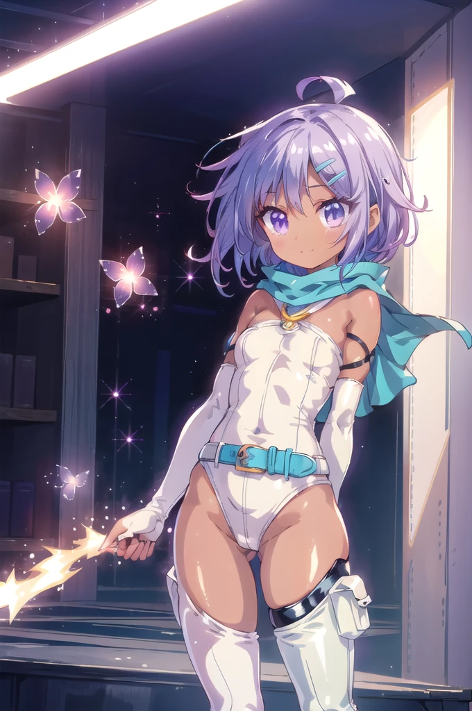 1girl,solo,cowboy shot,standing,(purple hair:1.2),short hair,(hairclip:1.2),(purple eyes),(dark skin:1.4),(beautiful fingers:1.4),(perfect anatomy:1.4),(arms_behind_back:1.6),(cold_shoulder:1.2),BREAK,(pure white leotard:1.6),(silk lace glossy lamé:1.4),(latex luster shiny glossy:1.6),(shiny_clothes:1.6),(medium breasts),beautiful breasts,masterpiece,best quality,(Ultra high definition eyes:1.2),8k,(Beautiful detailed eyes:1.2),(Fine and beautiful eyes:1.2),(pretty eyes:1.2),finely detail,extremely CG, absurdres,high resolution,illustration,Detailed and beautiful outlines,finely detail,high resolution,(colorful refraction:1.4,Increase saturation:1.2),beautiful lighting,dynamic lighting,closed room,black background,simple background, smile,looking at viewer,white bikini, o-ring top, blue capelet, blue belt, fingerless gloves, arm bandages, asymmetrical legwear, single thighhigh, vertical striped thighhighs, thigh strap,(pure white thigh boots:1.4)