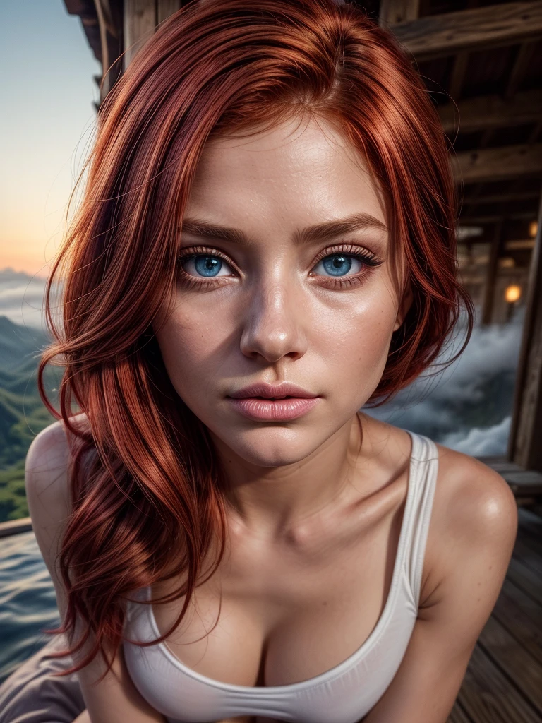 ultra realistic professional full body camera (((red hair))) (photo 1028k qhd) by (James C. Christensen:1.2|Jeremy Lipking:1.1), (Dittmann Anna:0.3), (jiner:0.3), (mise au point nette:1.3) lndswgnr,High detail, instagram top model,red hair, beautiful detailed baby blue eyes, k eyes,(eye makeup:1.2) sleeping Pose of the Instagram model, perfect button nose, attractive lip shape has an upper-to-lower lip ratio of 1:2, perfect ivory skin confiant, (((anatomycally perfect 25 old ladie hand,finger, nail))),fille en forme Fille maigre et sexy, breast:1.2, anatomie parfaite, Perfect symmetry:1.2, Realstic position, realistic and gorgeous face:1.2, perfect face, highly detailled, happy, confident, ighting cinematic, Lighting scene, soft lights, instagram standing pose (((baby blue eyes,, Fille maigre et sexy, breast:1.2 perfect charming face, attractive lip and nose, (Best Quality, hyper realistic photography), Magnificent mountain, sea of clouds, A woman watching the sunset, selfee, ((UPPER BODY)), white t-shirts, Trekking shorts, trekking boots, rucksack, (ultra delicate face, ultra Beautiful fece, ultra delicate eyes, ultra detailed nose, ultra detailed mouth, ultra detailed facial features), Beautie,