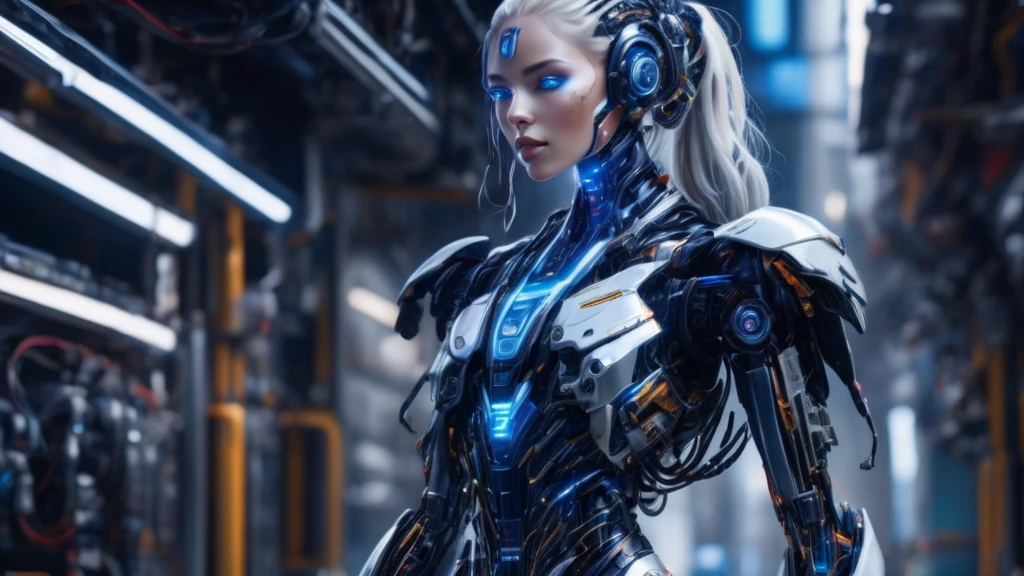 ```
Full-body female cyborg, 100% of figure visible from head to toe.
16:9 aspect ratio, subject centered and occupying full height of frame.
No cropping or cutting off of any body parts whatsoever.
Entire cyborg clearly visible: head, face, neck, shoulders, arms, torso, legs, feet.
Front-facing pose, standing upright with arms at sides.
Full-length view emphasizing complete visibility of the entire body.
Russian features: high cheekbones, blue holographic eyes, platinum blonde hair.
Cybernetic enhancements visible across entire form.
Metallic components and circuitry integrated from head to feet.
Transparent panels on torso and limbs showing internal systems.
Hands fully visible with articulated robotic fingers.
Feet prominently displayed, showing advanced mechanical design.
Subtle blue energy lines tracing from head to toes.
Form-fitting attire accentuating full-body cyborg elements.
Balanced composition ensuring no part of body is obscured or cut off.
Background designed to contrast and highlight the full cyborg figure.
Even lighting to clearly illuminate every part of the body.
Emphasis on showcasing the complete cyborg form from crown to soles.
```