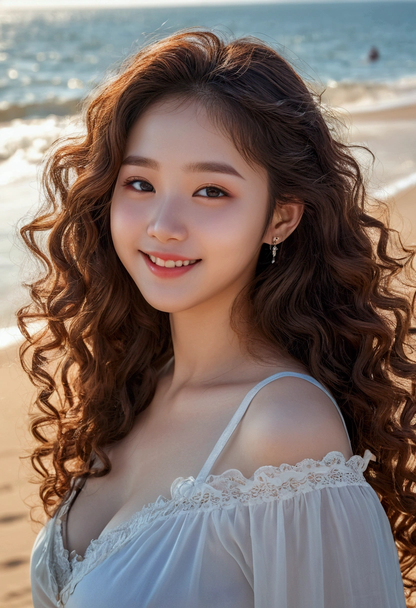 (RAW photos:1.2), (Reality:1.4),(masterpiece:1.3),(best quality:1.4),Ultra-high resolution,HDR,8K, (Extremely detailed illustrations), 1 girl, Detailed beautiful face, Young Girls, Long curly hair,Smile,Solitary, Look at the audience,Clear background, on the beach, Depth of Field, Natural Lighting,(see through silhouette),ulzzang-6500-v1.1:0.7, pregnant, big belly bump.