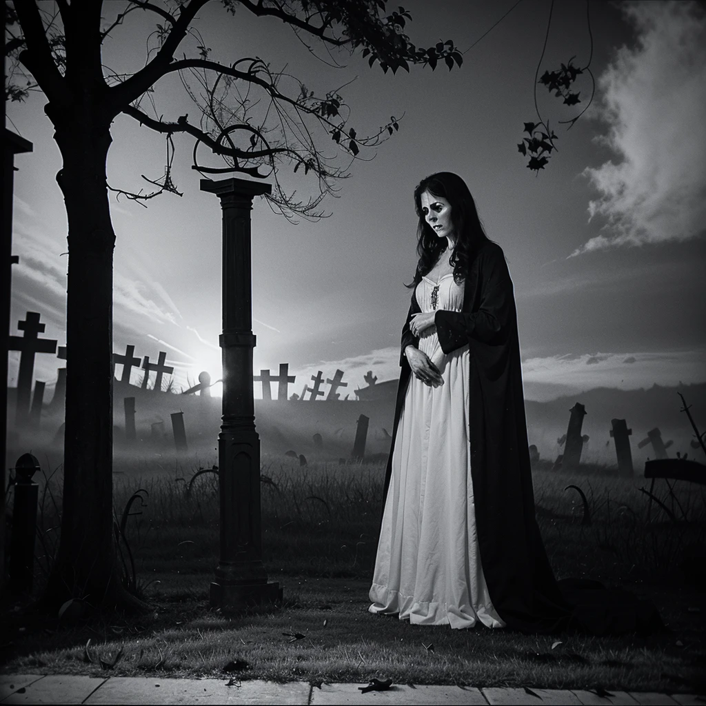 dark scary horror 1980s black and white sketch Halloween background with ghost，tombstone，wlitch