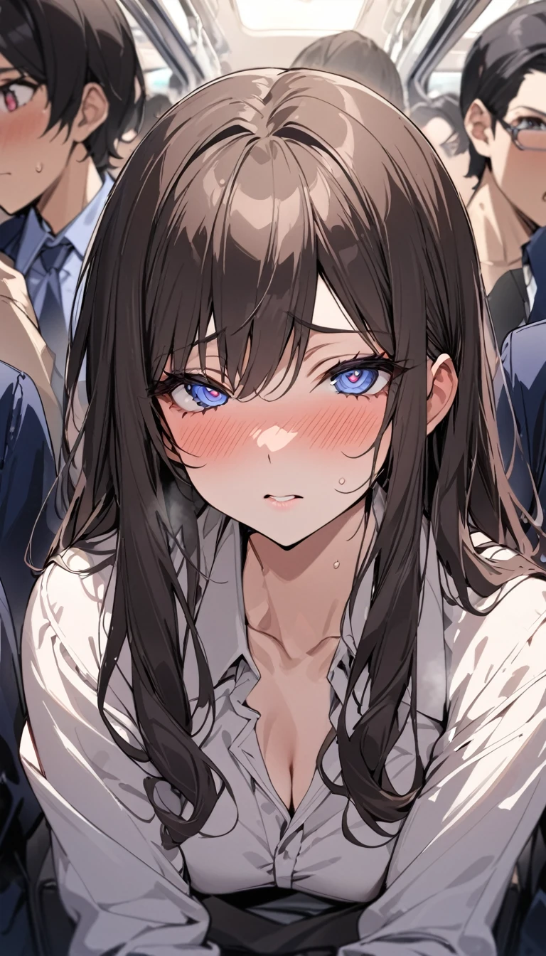 masterpiece, High resolution, perfect face, Japan beauties, 30 years old, beautiful face, in the crowded train, high school student, embarrassed look, look at the camera, (top quality eyes), detailed texture, Look at me, Married woman, cool women, ((high resolution eyes)), hentai