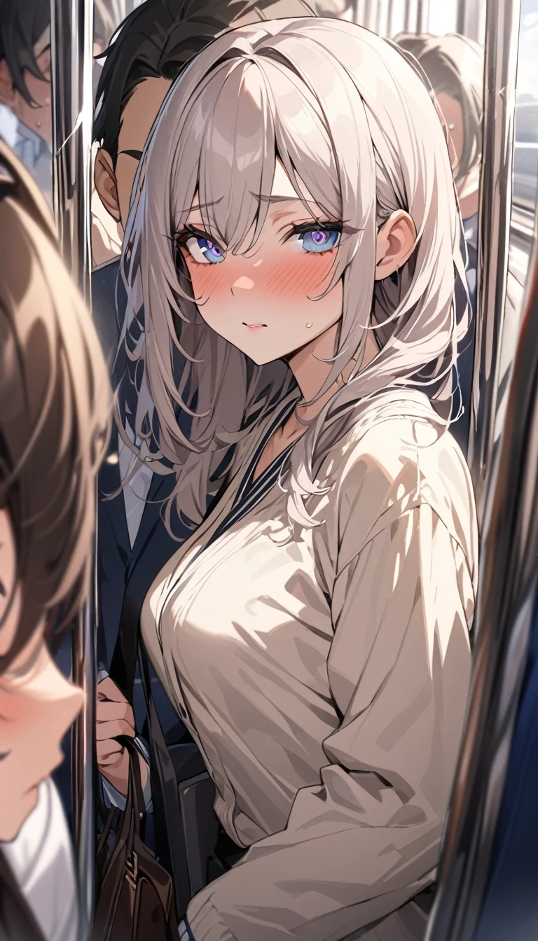 masterpiece, High resolution, perfect face, Japan beauties, 30 years old, beautiful face, in the crowded train, high school student, embarrassed look, look at the camera, (top quality eyes), detailed texture, Look at me, Married woman, cool women, ((high resolution eyes)), hentai