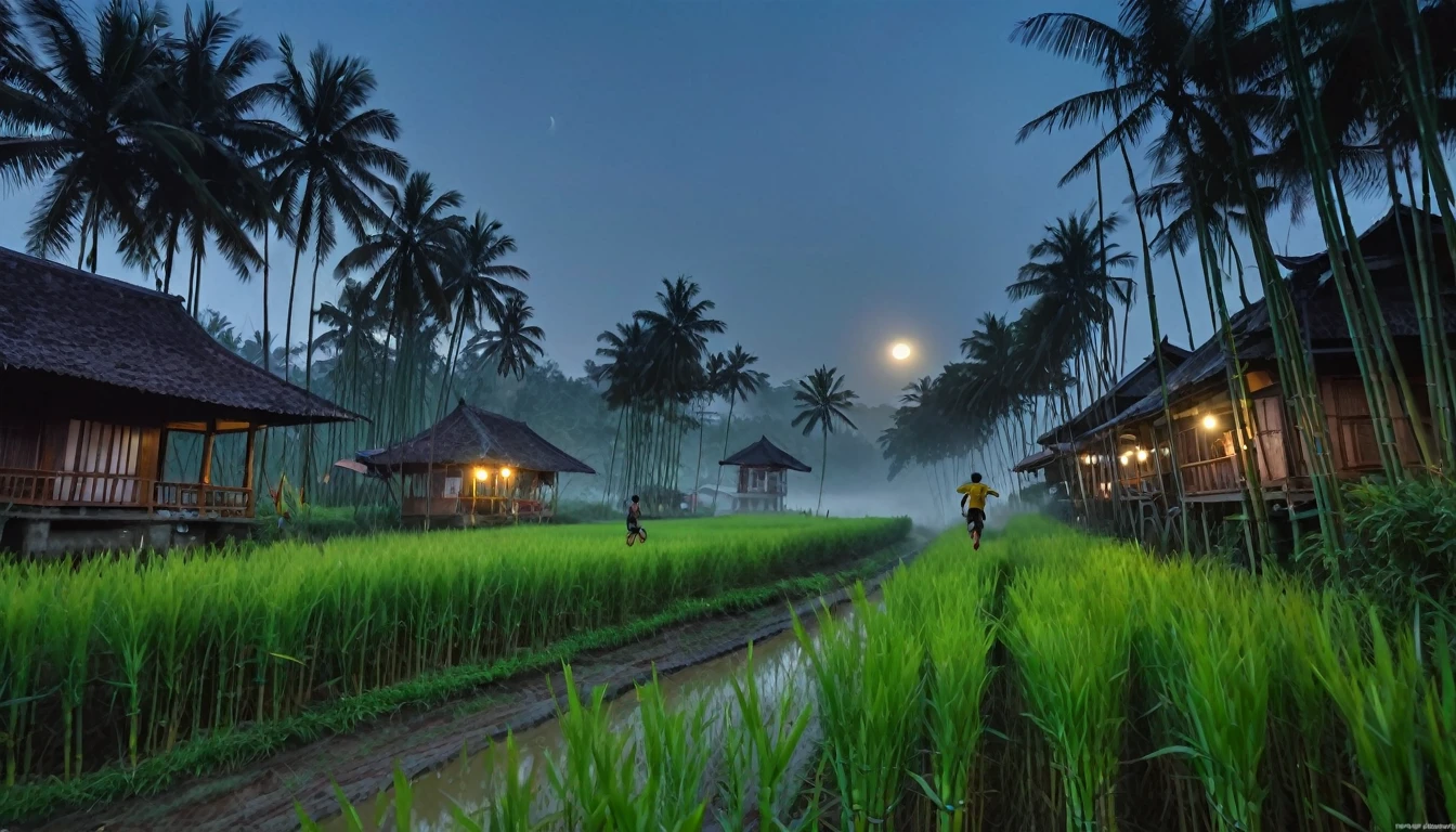 Indonesian people ran very fast because they were afraid, while screaming. location on the edge of rice fields with lots of bamboo trees, to the left of residential areas. midnight, moonlight, foggy, dark situations., cinematic lighting, Ultra-Wide Angle, from behind, masterpiece, anatomically correct, super detail, high details, high quality, best quality, highres, 16k