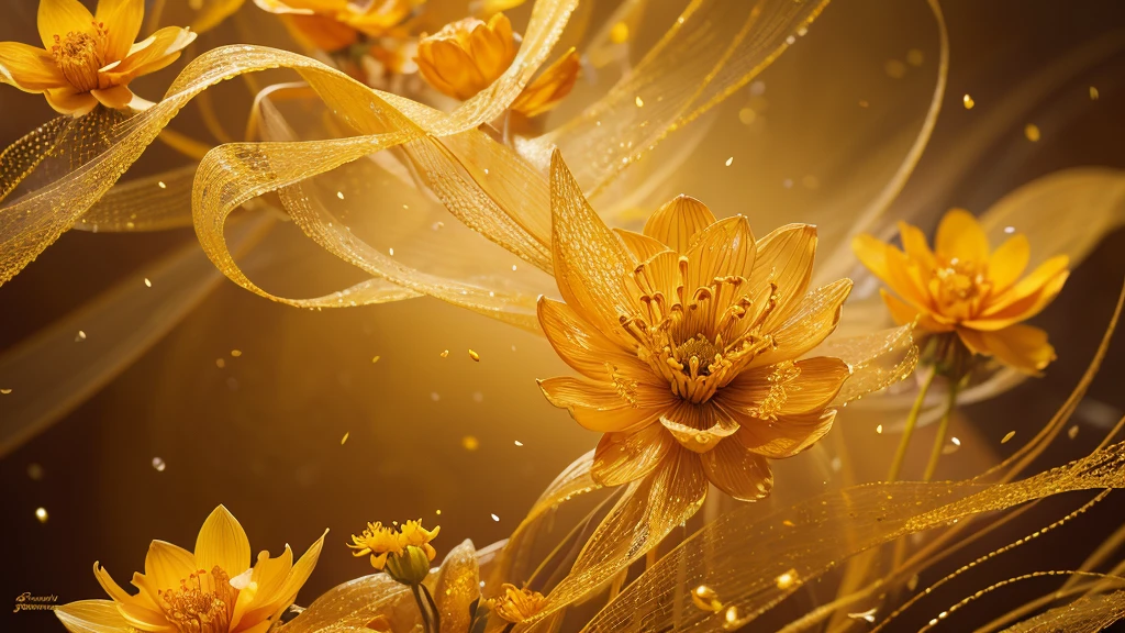 Create a intricate image showcasing elaborate yellow and orange flowers with honey petal textures, surrounded by intricate golden dust drifting in the air. Capture the honey beauty of yellow and orange blooms, their magical petals spiraling amidst a drifting cloud of effervescent golden particles. Design a delicate floral scene featuring intricate yellow and orange flowers, their detailed details accentuated by dancing swirls of magical golden dust. Illustrate luminous yellow and orange flowers with spiraling textures, enveloped in a gossamer vortex of saffron golden specks. Portray floating yellow and orange blossoms with detailed petal definition, embraced by tender eddies of resplendent golden fairy dust