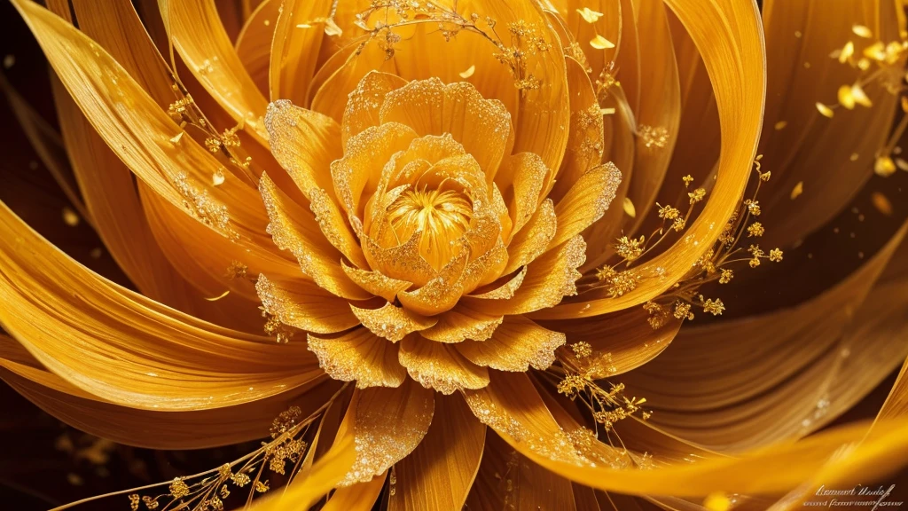 Create a intricate image showcasing elaborate yellow and orange flowers with honey petal textures, surrounded by intricate golden dust drifting in the air. Capture the honey beauty of yellow and orange blooms, their magical petals spiraling amidst a drifting cloud of effervescent golden particles. Design a delicate floral scene featuring intricate yellow and orange flowers, their detailed details accentuated by dancing swirls of magical golden dust. Illustrate luminous yellow and orange flowers with spiraling textures, enveloped in a gossamer vortex of saffron golden specks. Portray floating yellow and orange blossoms with detailed petal definition, embraced by tender eddies of resplendent golden fairy dust