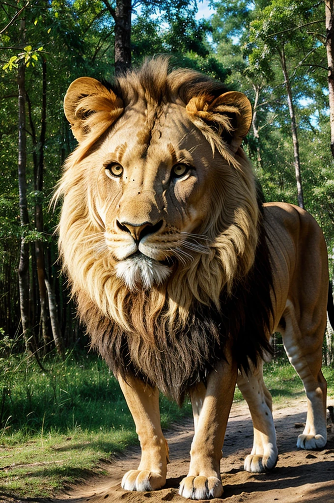 Generate an image made by lichi from lion and forest beach.