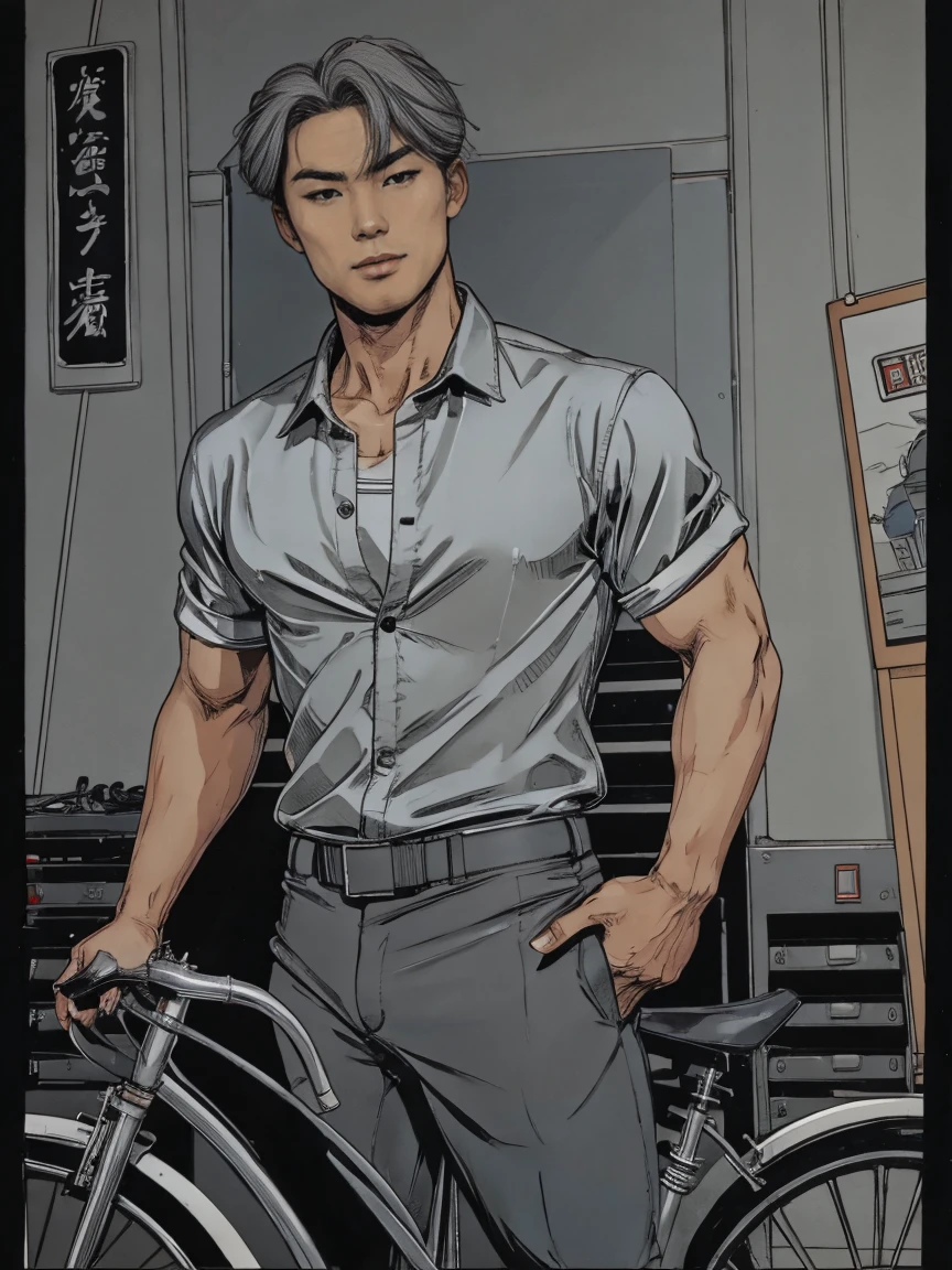 One muscular asian boy, ash cool tone button shirt, Black Bike micro thong, ash grey hair, he showing off his body, comic artstyle 2D