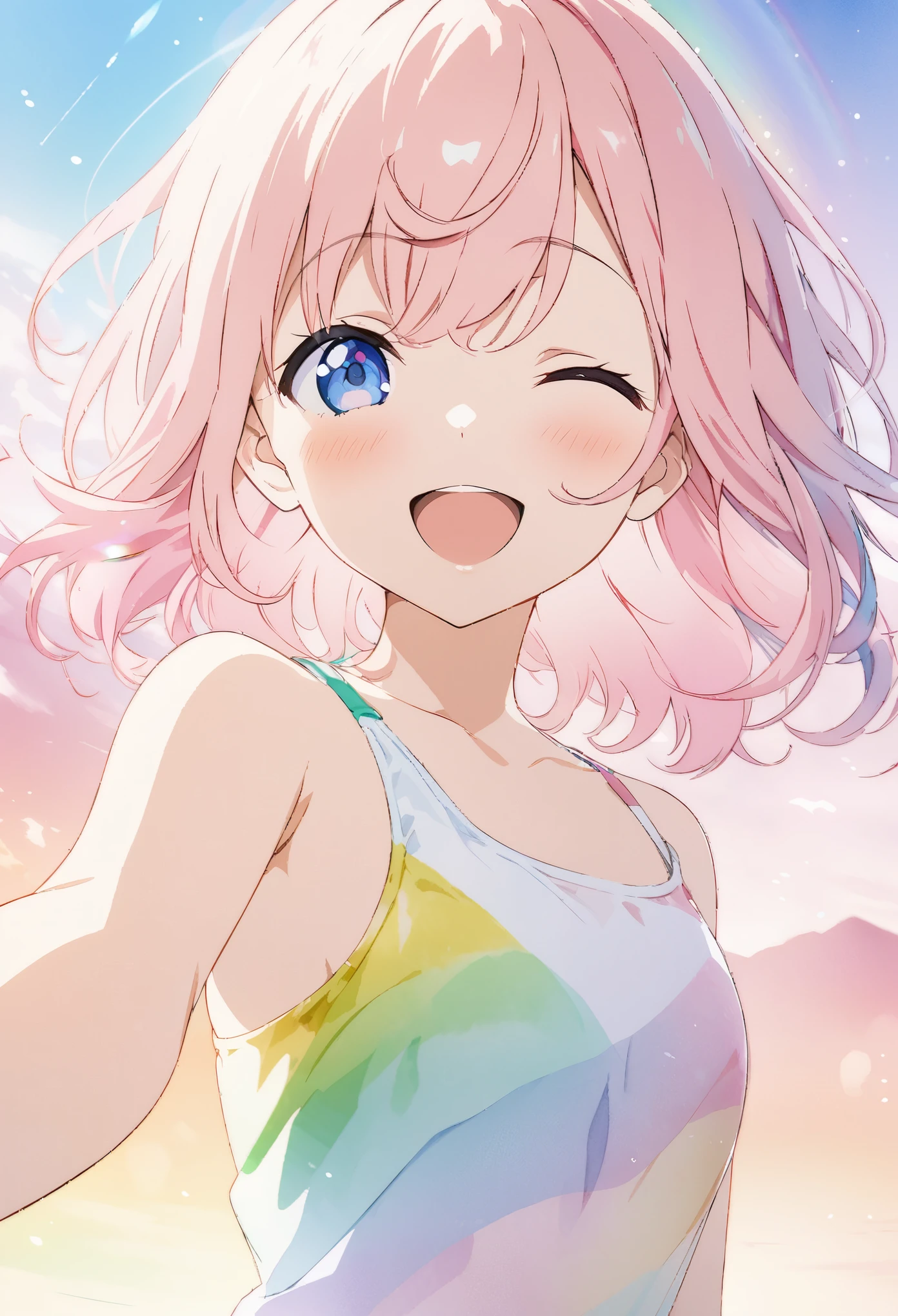 masterpiece, Highest quality, Highly detailed CG Unity 8K wallpapers, High School Girl Anime Illustration. She is wearing a rainbow-colored swimsuit、She is making a peace sign、Pink Hair、she has her eyes closed and mouth open, smile. The background is a light pastel colored landscape、Watercolor digital art, I&#39;m a little embarrassed