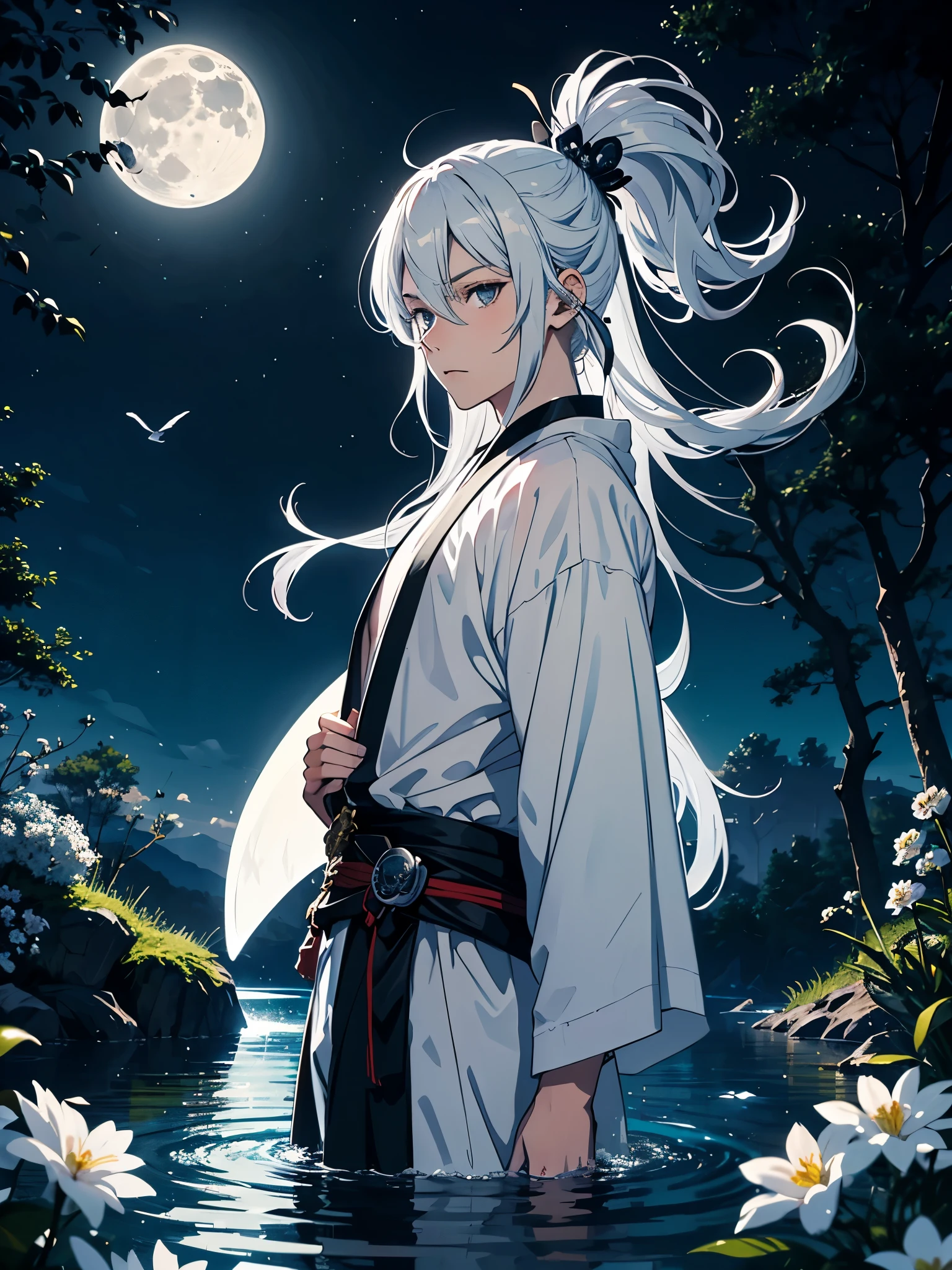 Mit Katana. Engel. Viele weoße vögel. More anime. light blue light. Bright bright light. magical. Moon. White flowers. male. Long hair. long white hair. aquatic, boy, God of the Moon, silver hair accessories, White hair.