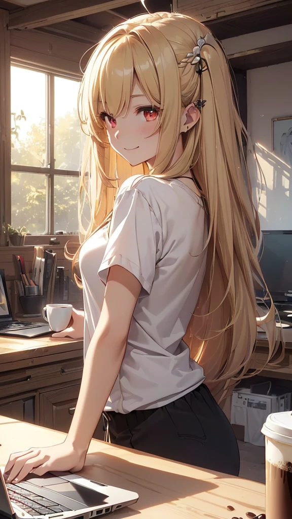 最high quality、best image quality、masterpiece、girl((18-year-old、 By becoming、vest bust、medium bust,wide open breast tea、red glowing eyes, blonde、messy hair、long hair、thin,highest valley、Black open-neck short-sleeved shirt、open chest、White wristband、smile、Leaning forward、hair ornaments、have a laptop、Angle from the side、Lointail)),high quality、beautiful art、background((White computer room、Coffee cup、line of light))、Flight、debris flies、Depth of written boundary、movie、visual art、perfect art、8K,genuine、