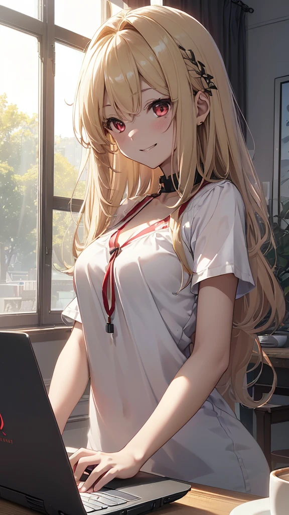 Blonde hair, red eyes, animal ears, cute, big tail behind him, ponytail, off-the-shoulders, white dress, smile, holding tail