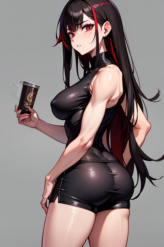 Goth muscular adult woman with little breasts and a lot of ass wearing shorts and a black shirt with brown wavy hair with a red streak, facing forward
