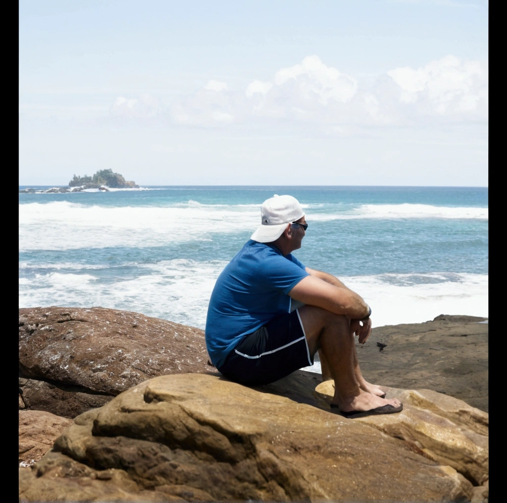 wide shoot of just the back of a kinda muscular favela, brazilian dude sitting of an surfing board at the ocean, looking to the left, he has a V low fade.and a small brazilian mustache