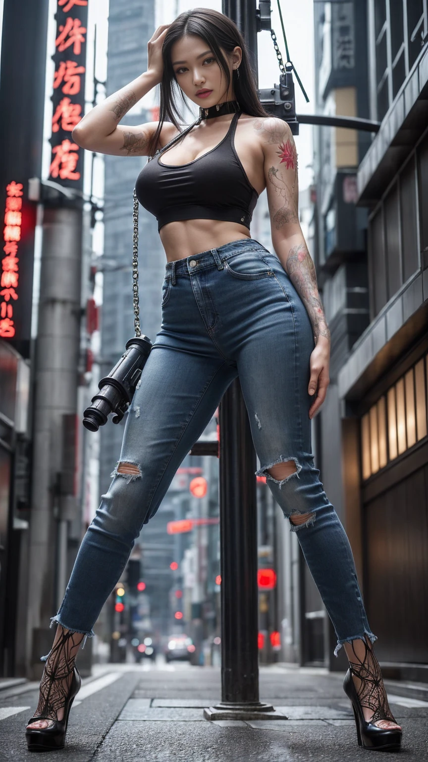 (8k, best quality, masterpiece), (realistic, realistic), (ultra-detailed, best quality, super-high resolution), (full body: 1.4), (female spy: 1.1), (beautiful face, perfect face: 1.3), symmetrical portrait of gangster, best quality, black hair, short hair, surreal, perfect anatomy, lots of people in background, japanese city, tokyo downtown, crowded background, wet and shiny white skin, model body, ahegao, big jeans, soaking wet, perfect body, tank top, natural light, cyberpunk city, neon lights, urban techwear, (big handcuffs on hands, girl shaking head: 1.3), (tattoos, japanese tattoos all over body: 1.5), red lips, red high heels, choker, necklace, earrings, (highly detailed: 1.4), front view, looking at camera,