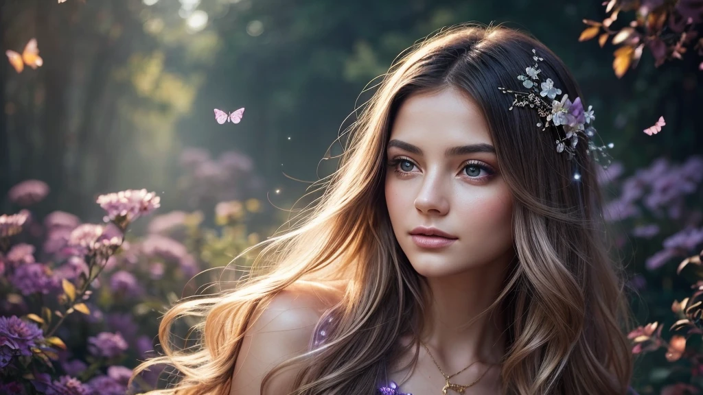 Create a stunning and ethereal portrait of a young woman surrounded by magical elements:
Subject:
- Beautiful young woman with delicate features
- Soft, flowing hair that seems to blend with the magical atmosphere
- Serene and slightly mysterious expression
- Eyes that reflect wonder and enchantment
Magical Elements:
- Shimmering, iridescent sparkles floating around her
- Swirling trails of magical stardust
- Glowing particles of varying sizes creating a dreamy atmosphere
- Subtle, translucent magical aura surrounding the woman
Lighting and Colors:
- Soft, ethereal lighting that seems to emanate from within the scene
- A harmonious blend of cool and warm tones
- Main color palette: purples, blues, and pinks with touches of gold
- Gentle highlights accentuating the woman's features and the magical elements
Composition and Style:
- Close-up portrait, focusing on the woman's face and upper body
- Magical elements should frame the subject without overpowering her
- Slightly blurred background to create depth and focus on the foreground
- Painterly style with soft edges and smooth transitions between elements
Mood and Atmosphere:
- Dreamy and enchanting
- Sense of wonder and magic
- Peaceful yet captivating
Technical Aspects:
- High contrast between the glowing elements and darker areas
- Rich, saturated colors for a vibrant and eye-catching image
- Sharp focus on key features like eyes and sparkles
Additional Details:
- Faint, translucent butterflies or fireflies adding to the magical ambiance
- Subtle hints of constellations or star patterns in the background
- Delicate, barely visible floral elements integrated with the magical dust
This prompt should result in a captivating, high-quality image that blends realism with fantasy, creating a magical portrait that draws the viewer into a world of wonder and enchantment.
