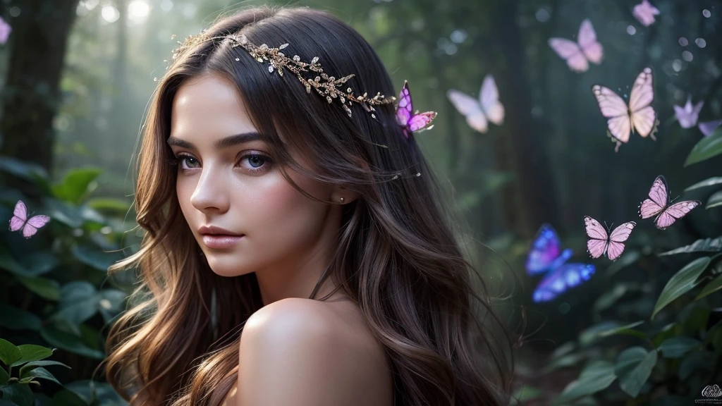 Create a stunning and ethereal portrait of a young woman surrounded by magical elements:

Subject:
- Beautiful young woman with delicate features
- Soft, flowing hair that seems to blend with the magical atmosphere
- Serene and slightly mysterious expression
- Eyes that reflect wonder and enchantment

Magical Elements:
- Shimmering, iridescent sparkles floating around her
- Swirling trails of magical stardust
- Glowing particles of varying sizes creating a dreamy atmosphere
- Subtle, translucent magical aura surrounding the woman

Lighting and Colors:
- Soft, ethereal lighting that seems to emanate from within the scene
- A harmonious blend of cool and warm tones
- Main color palette: purples, blues, and pinks with touches of gold
- Gentle highlights accentuating the woman's features and the magical elements

Composition and Style:
- Close-up portrait, focusing on the woman's face and upper body
- Magical elements should frame the subject without overpowering her
- Slightly blurred background to create depth and focus on the foreground
- Painterly style with soft edges and smooth transitions between elements

Mood and Atmosphere:
- Dreamy and enchanting
- Sense of wonder and magic
- Peaceful yet captivating

Technical Aspects:
- High contrast between the glowing elements and darker areas
- Rich, saturated colors for a vibrant and eye-catching image
- Sharp focus on key features like eyes and sparkles

Additional Details:
- Faint, translucent butterflies or fireflies adding to the magical ambiance
- Subtle hints of constellations or star patterns in the background
- Delicate, barely visible floral elements integrated with the magical dust

This prompt should result in a captivating, high-quality image that blends realism with fantasy, creating a magical portrait that draws the viewer into a world of wonder and enchantment.