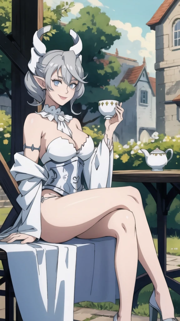 Beautiful arts wallpaper morning Outside castle top High level image quality best image quality 8K adult woman more colors whole body view portrait wearing pure white bikini white horn ears short hair((shortcut)(gray hair)(perm)(fluffy)) eye color is blue , attractive evil face , smile , sitting in the garden, table with cups of tea, servents around her , labrynth , crossed legs,