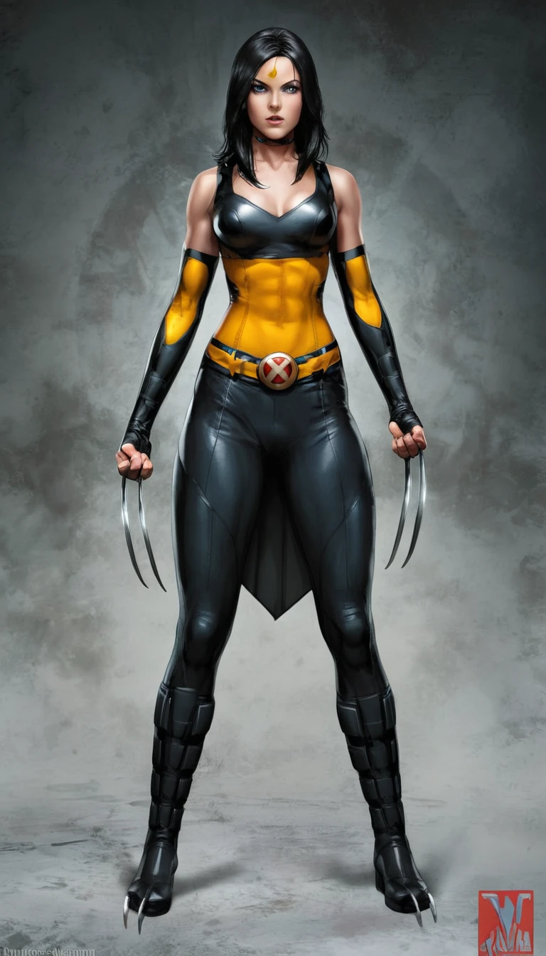 ((Full body shot, standing, feet on the ground))  photo of a beautiful (laura_kinney), (claws), midriff, navel, pants, (abs:0.7), (medium shot), masterpiece, best quality, superhero costume, wolverine, 