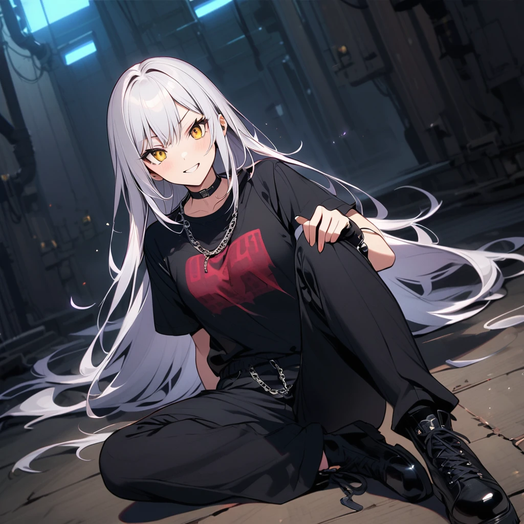 cat girl,girl,140cm,white hair,Waist-length hair,sky blue eyes,There is a cat tail,White Tail,black jacket,blue shorts,With a collar,lie on the ground,indoors,Dog leash on collar,With dog leash,Being led,I want to cry without tears,Unwilling,Grit your teeth