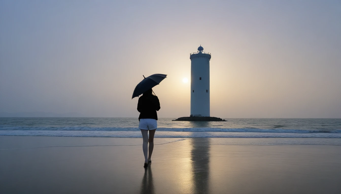 8k, Vivid picture quality, Vivid picture quality, long deserted beach, walking slowly from afar, short medium hair, beautiful appearance, Model-like body, sunset의 붉은 빛, sunset, alone, afternoon, depressed, tide가 밀려온다, rain, black umbrella, ocean, tide, wind, rain가 내리는, Short and slim Korean woman, tower, White shorts, rain가 내리는, walking on the beach with a black umbrella