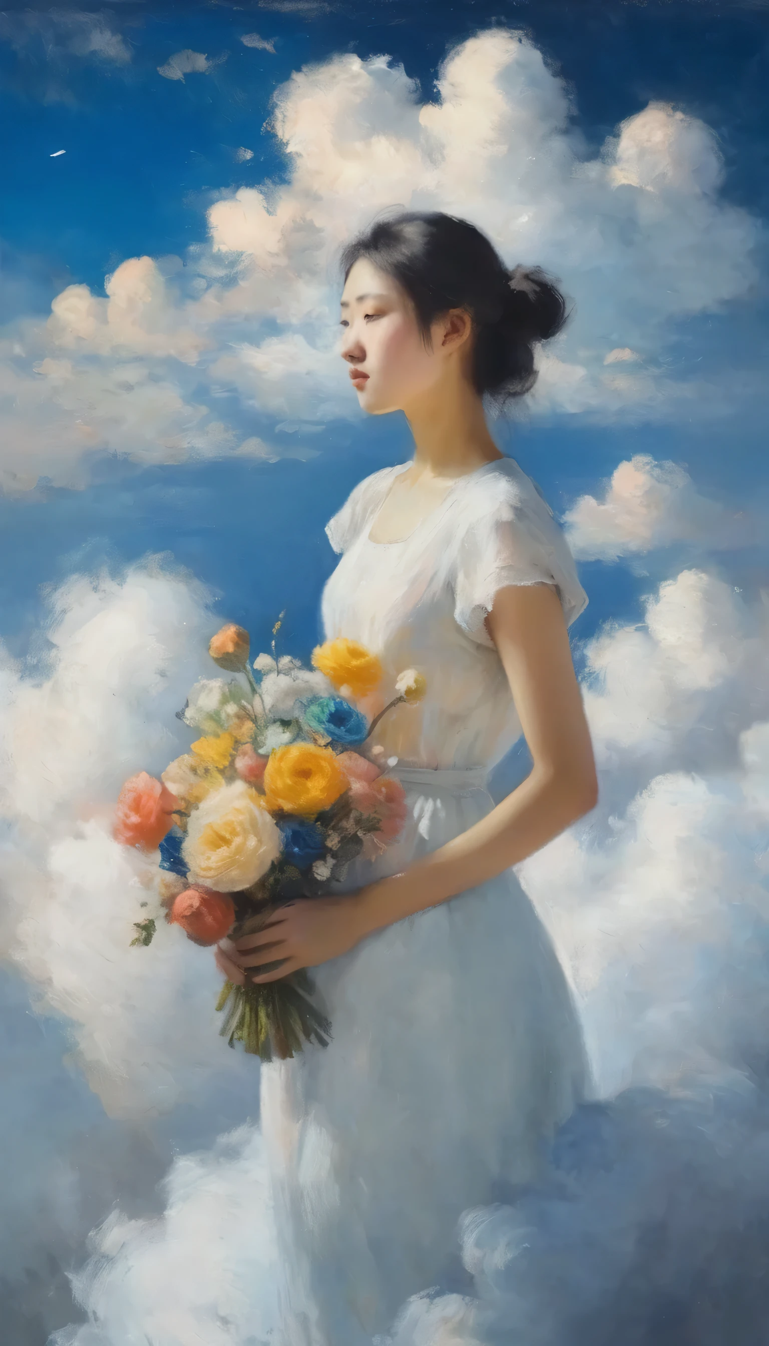 (View from above the clouds:1.6), Girl Flying in the Sky、Holding a bouquet、Beautiful Face、(Oil pastels:1.4), Mad Paint、Dark blue sky、White cumulonimbus cloud、Masterpiece、Highest quality、Golden Ratio、Impressionism、pastel colour、impressionist painting、