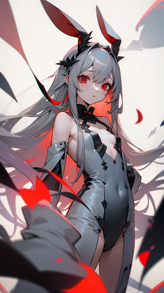 girl、Gray-haired、Long-haired、Red-eyed、Small breasts、Rabbit hair accessory、naked、 (Red eyes: 1.2)、