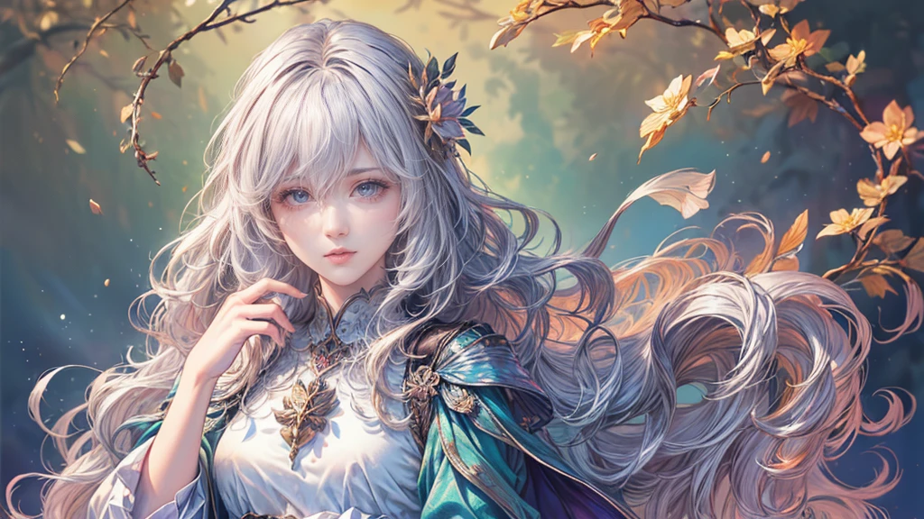 (Highest quality,8k,CG,Beautiful details upper body,lonely,Thumb Girl,Floral Background,Complex facial features,Long flowing hair,Almond-shaped eyes,Exquisite eye makeup,Long, fluttering eyelashes,Big, bright eyes,Starry sky,Elegant lip detail,gentle style)