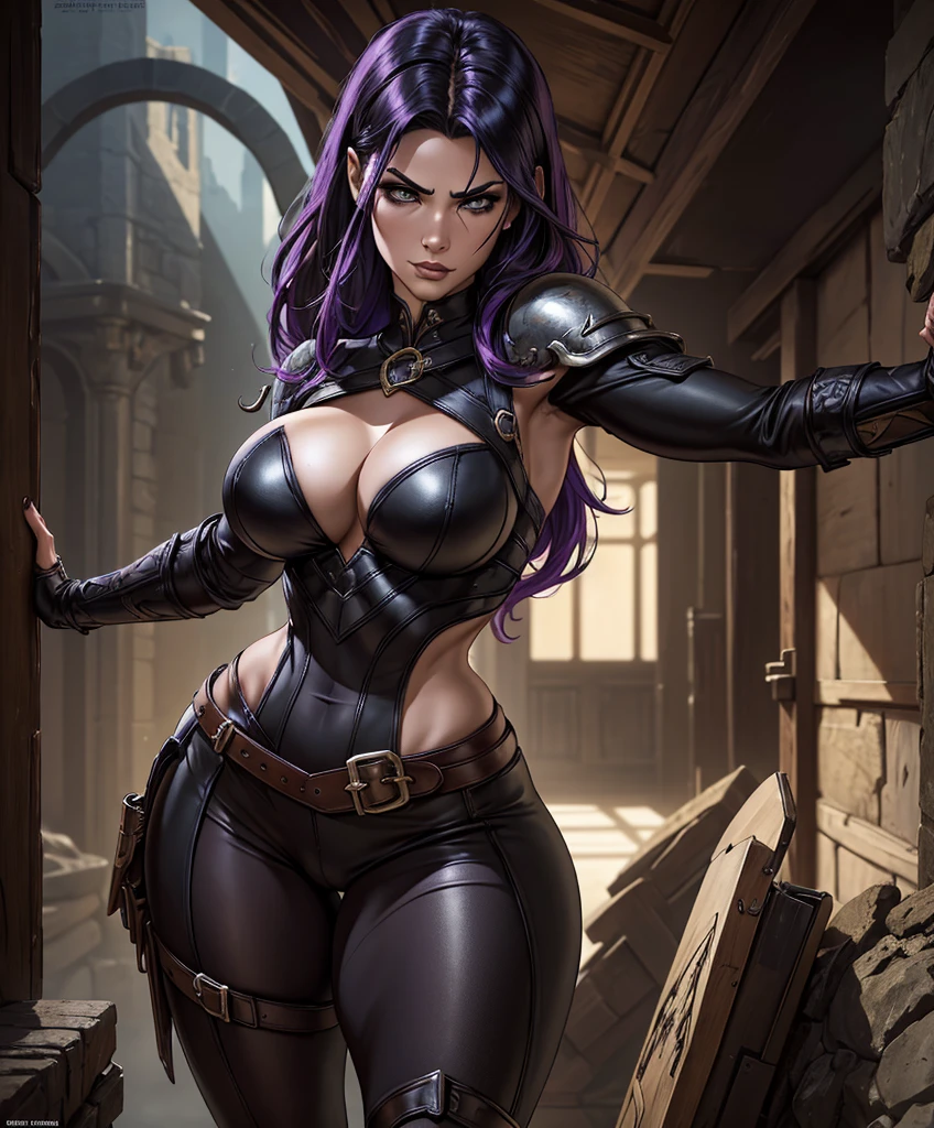 score_9, score_8_up, score_8,  (((Single character image.))) (((1girl))) (((Solo))) (((Dressed in medieval fantasy attire.)))   (((Create a captivating and enigmatic female warrior reminiscent of sexy glamor models.))) (((She wears medieval fantasy attire.))) 18 years old. 18yo. (((She looks like Jordan Carver is an epic fantasy character.))) This is a fantasy character portrait. Design a dangerous and sleek female mercenary for a fantasy setting. This is a ruthless mercenary who is dark and sneaky. She looks like a femme fatale in leather clothes. The clothes are black with purple trim and she has a darkly attractive appearance. (((The colors in the image are dark and muted.))) Her hair is long and white and in an exotic style. She is powerful, dangerous and a slender and sleek figure in a dark fantasy setting. Firm breasts. Alluring appearance. Seductive. Dangerously sexy. She wears form-fitting armor, gorgeous face, Dungeons & Dragons character portrait, intricate details, ultra detailed, very intense appearance, ultra detailed clothes, epic masterpiece, ultra detailed, intricate details, award winning, fantasy art concept masterpiece, trending on Artstation, digital art, unreal engine, 8k, ultra HD, centered image, best quality, official art, beautiful and aesthetic:1.2), extreme detailed, colorful, highest detailed, best quality:1.0,hyperealistic:1.0,photorealistic:1.0,madly detailed CG unity 8k wallpaper:1.0,masterpiece:1.3,madly detailed photo:1.2, hyper-realistic lifelike texture:1.4, picture-perfect:1.0,8k, HQ,best quality:1.0, .