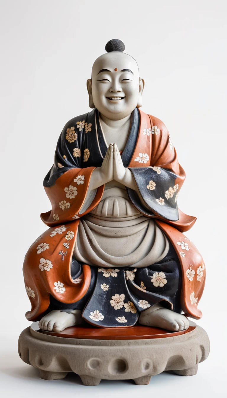 Close-up of a statue of a smiling man with his hands folded, Japanese God, Hotei is on the table, Ancient Japanese monks, Ceramic statue, Studio photo of a ceramic figure, finance, Written by Kano Tan'yū, Inspired by Sesshu Toyo, God of Wealth, Ukiyo-e sculpture,The background is a gold temple,in the forest