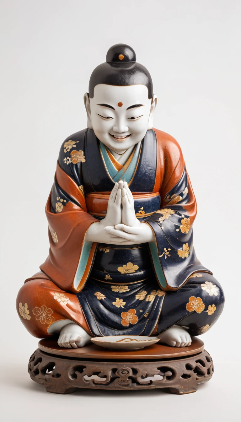 Close-up of a statue of a smiling man with his hands folded, Japanese God, Hotei is on the table, Ancient Japanese monks, Ceramic statue, Studio photo of a ceramic figure, finance, Written by Kano Tan&#39;yū, Inspired by Sesshu Toyo, God of Wealth, Ukiyo-e sculpture,The background is a gold temple,in the forest