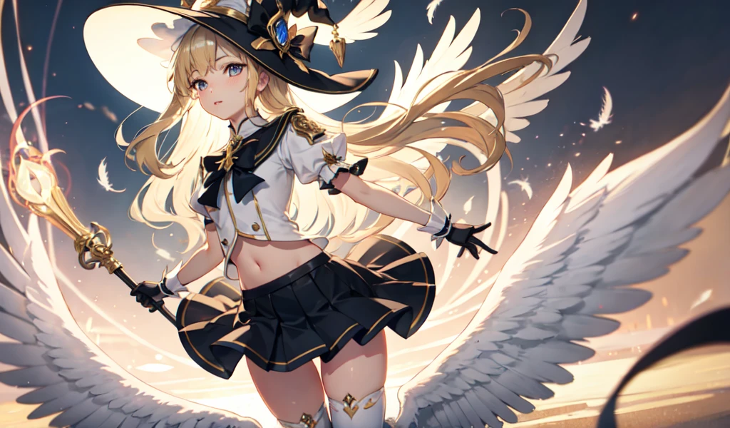 Afterimage, Bokeh, Blurred foreground, Wide Shot, 超High resolution, retina, masterpiece, Attention to detail, Highest quality, High resolution, 4K,god々In a cool atmosphere、A blonde angel descends from the sky、White feathers flutter.Magical girl、Witch Hat、Magic wand、Detailed face、Black knee-high socks and knee skirt、Thighs、Navel peeping、whole body