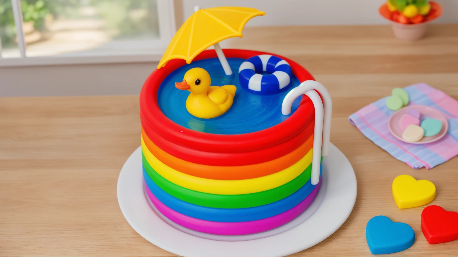 on a wooden table. there is a white plate. rainbow cake IMITATING POOL, RAINBOW MASTIC STRIPES. blue water. plastic duck toy. nearby is a lifebuoy made of polymer clay, two white railings for the stairs, YELLOW PLASTIC UMBRELLA. on the table there is a pink checkered tablecloth with a cup on a plate, there are candy hearts on the table next to them, against the background of the kitchen, against the background of the window, Fruit basket, vase with Flowers, Beautiful light from the window, contour light, Multiple light sources, beautiful sunlight, Bright light source, bright lighting, beautiful light sources, Multiple light sources, Realistic style , realistic texture, detailed texture, a high resolution, high quality
