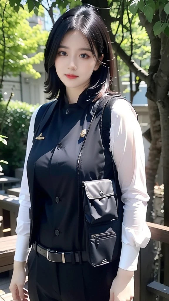 ((tmasterpiece、ultra fine photos、top-quality、超A high resolution、Photorealsitic、foco nítido、(chest circumference、Focus from the chest upwards、beautiful female soldier、30-year-old female)))、delicated face、((White skin of the、黑The eye、Black Hair Shorthair))、Special forces uniforms、Black tactical vest、Military trousers、Black combat gloves、rucksack、Black military undershirt、Detailed facial and chest depictions、detailed hand depiction、Combat pose、Dynamic action、in woods、White smoke、watching at viewers