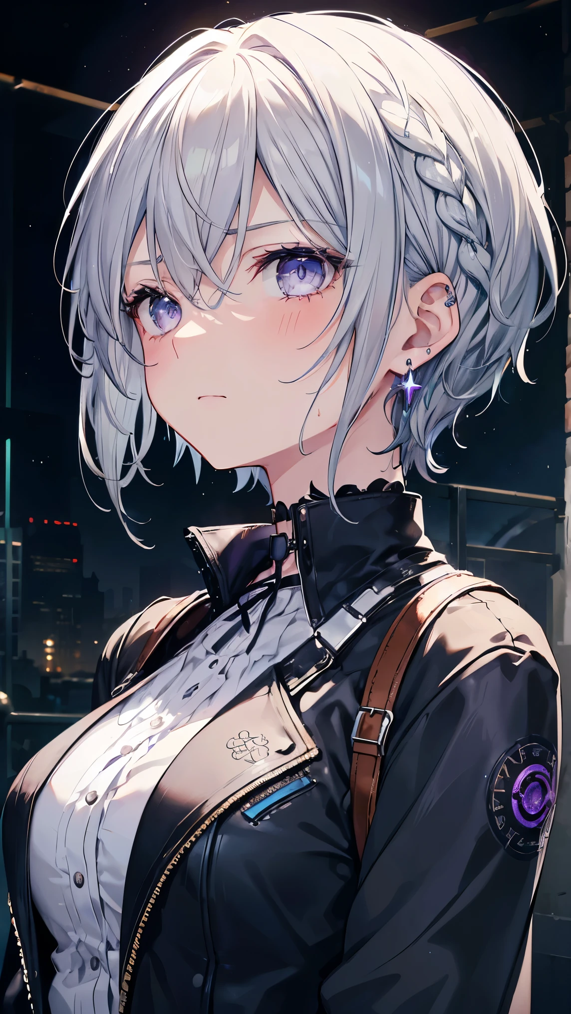 High resolution,high resolution,Girl,(Braiding,Gray Hair,Short Hair,Blue accent color),Purple Eyes,Slanted Eyes,Bad mood,boyish,slender,steampunk,vapor,Tattoo,,Earrings,Starry Sky,choker,Wet with sweat,