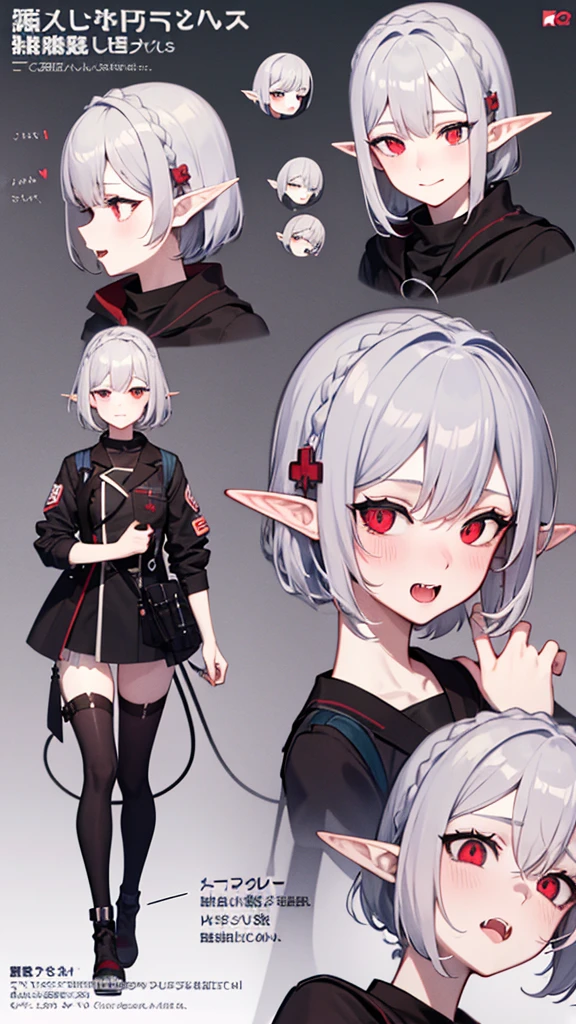 anime girl, grey hair, long hair, short hair, straight hair, bob cut, dilated pupils, devil pupils, open mouth, embarrassed, blush, tongue out, expressionless, naughty face, naughty, yandere, fang, rape face, anime, Conceptual art, high detail, anime style, reference sheet, from side, from below, from behind, from above, UHD, masterpiece, anatomically correct, super detail, high details, high quality, best quality, highres, 8k, caracter design, art concep, medical jacket, vampire, elf ear, front view, show fangs, pale skin, cool outfit, cute, adorable, full body, war medical jacket