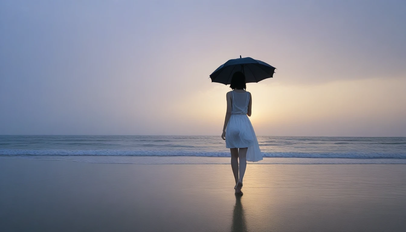 8k, Vivid picture quality, Vivid picture quality, long deserted beach, walking slowly from afar, short medium hair, beautiful appearance, Model-like body, sunset의 붉은 빛, sunset, alone, afternoon, depressed, tide가 밀려온다, rain, black umbrella, ocean, tide, wind, rain가 내리는, Short and slim Korean woman, tower, White shorts, rain가 내리는, walking on the beach with a black umbrella